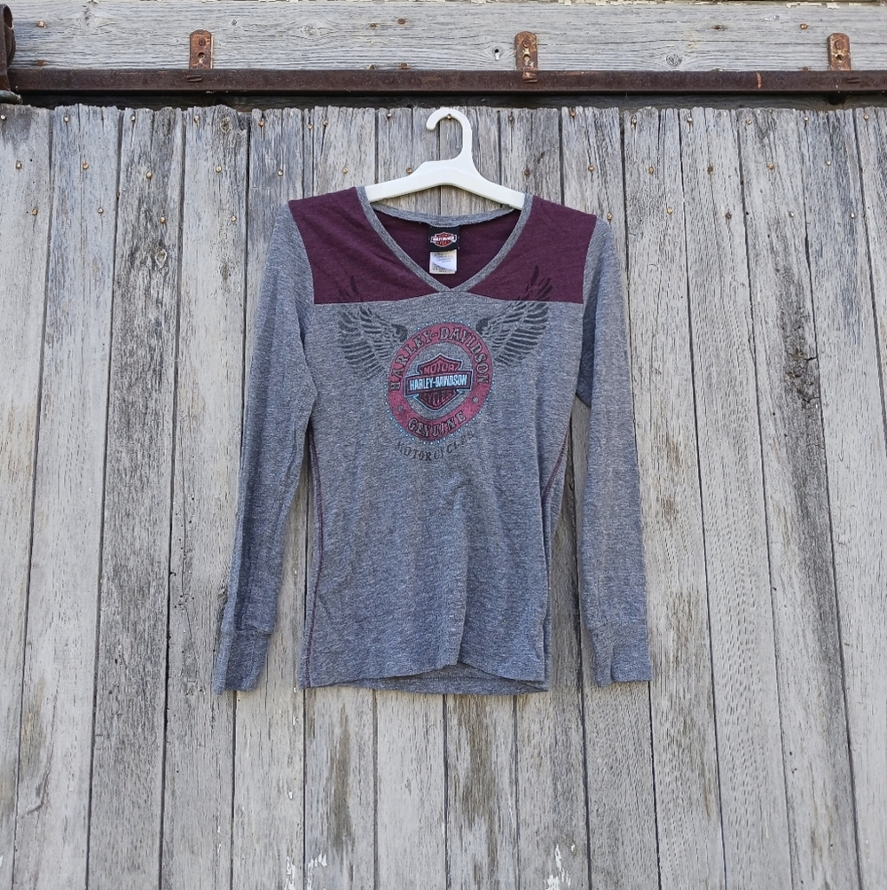 Harley Davidson Womens Shirt‎ Size Small 3/4 Sleeve Hill City SD Gray/Maroon